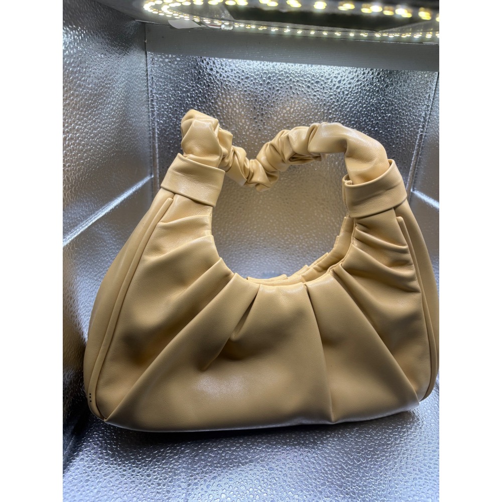 Butter Yellow Ruched Vegan Leather Hobo‎ Bag Scrunchie Handle Pleated Handbag